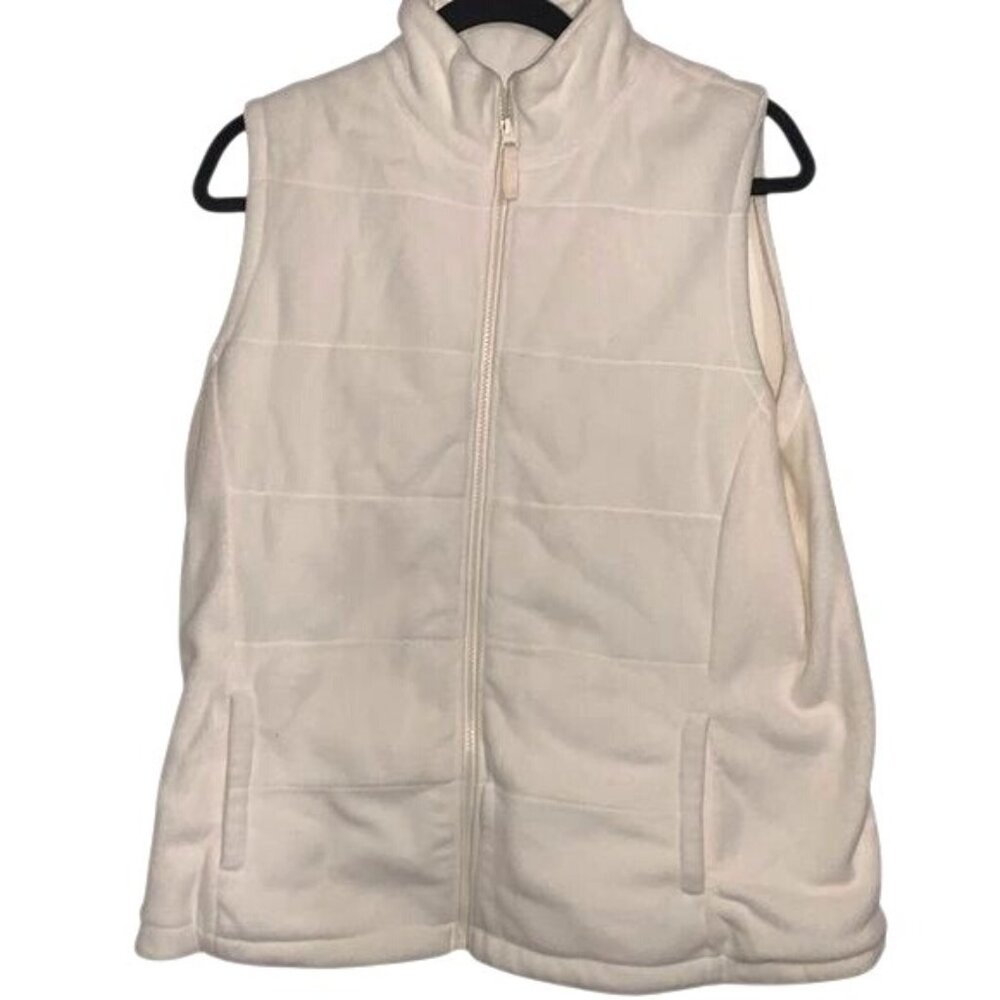Womens White Lands End Fleece Zip-Up Vest Size L Warm & Soft Polyester Blend